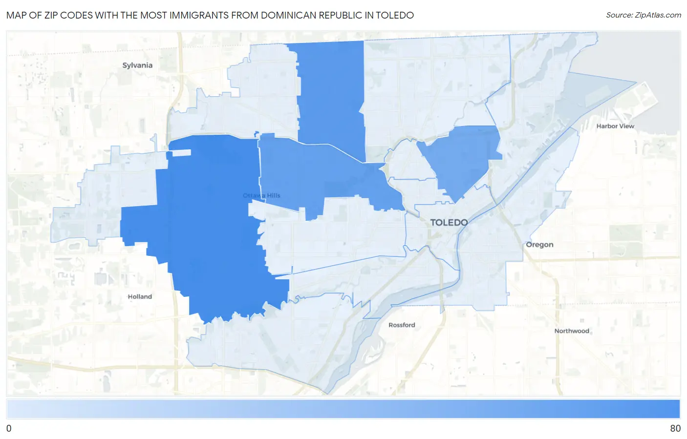 Zip Codes with the Most Immigrants from Dominican Republic in Toledo Map