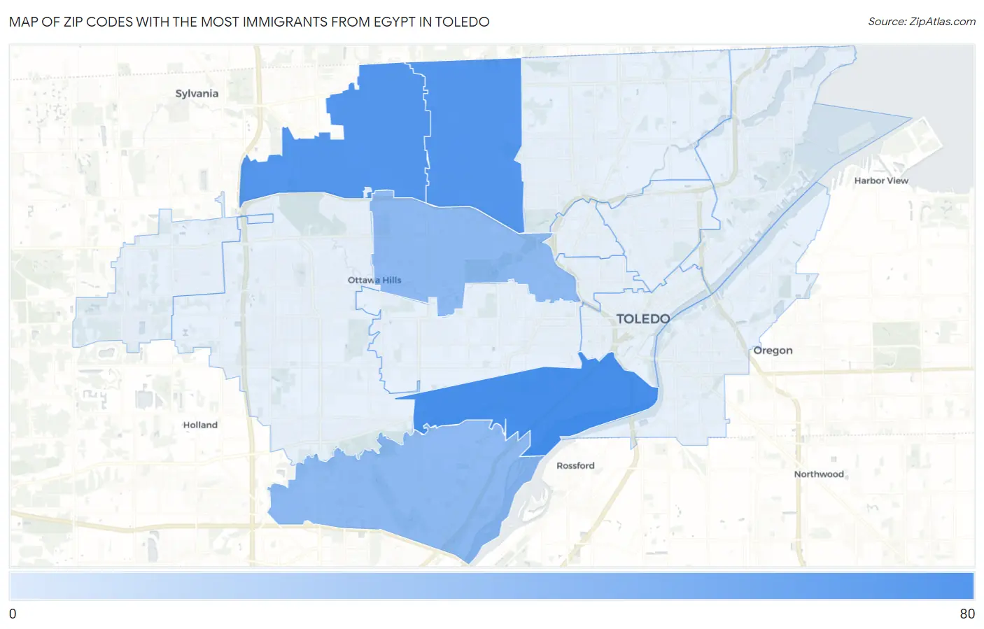 Zip Codes with the Most Immigrants from Egypt in Toledo Map