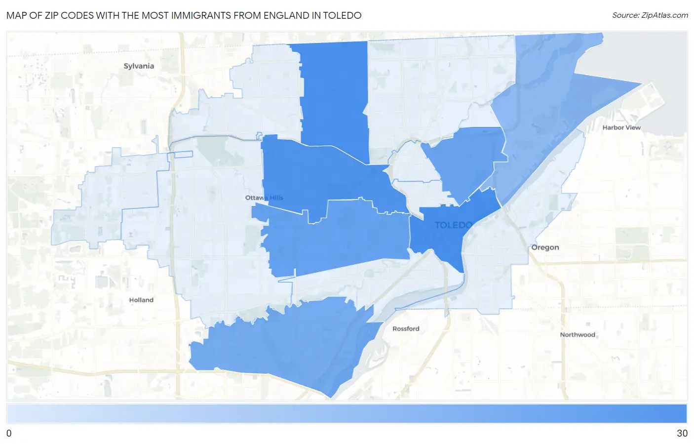 Zip Codes with the Most Immigrants from England in Toledo Map