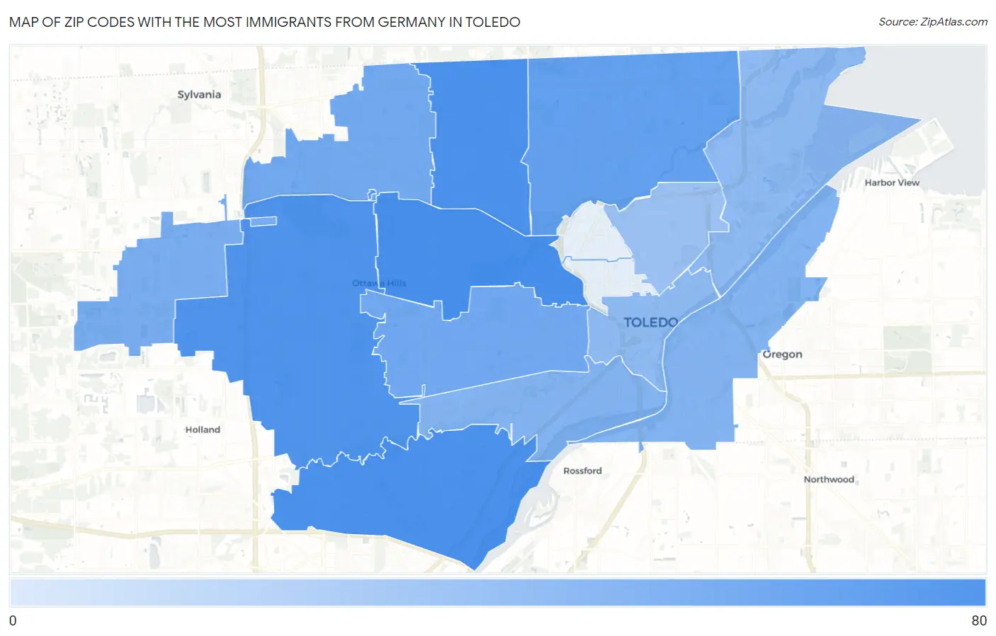 Zip Codes with the Most Immigrants from Germany in Toledo Map
