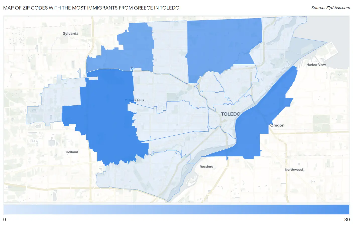 Zip Codes with the Most Immigrants from Greece in Toledo Map