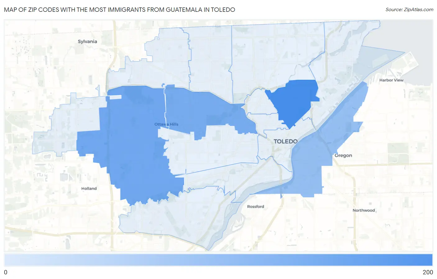 Zip Codes with the Most Immigrants from Guatemala in Toledo Map