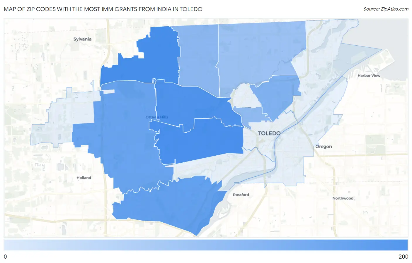 Zip Codes with the Most Immigrants from India in Toledo Map