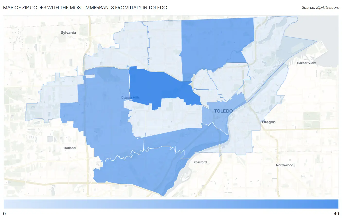 Zip Codes with the Most Immigrants from Italy in Toledo Map