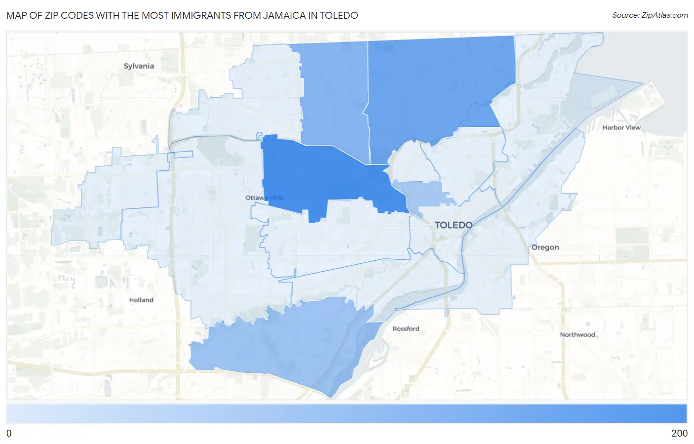 Zip Codes with the Most Immigrants from Jamaica in Toledo Map