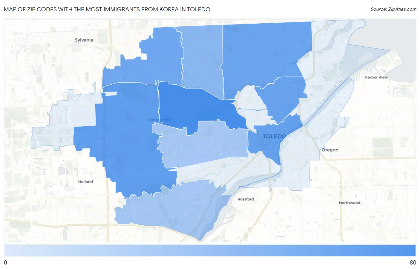 Zip Codes with the Most Immigrants from Korea in Toledo Map