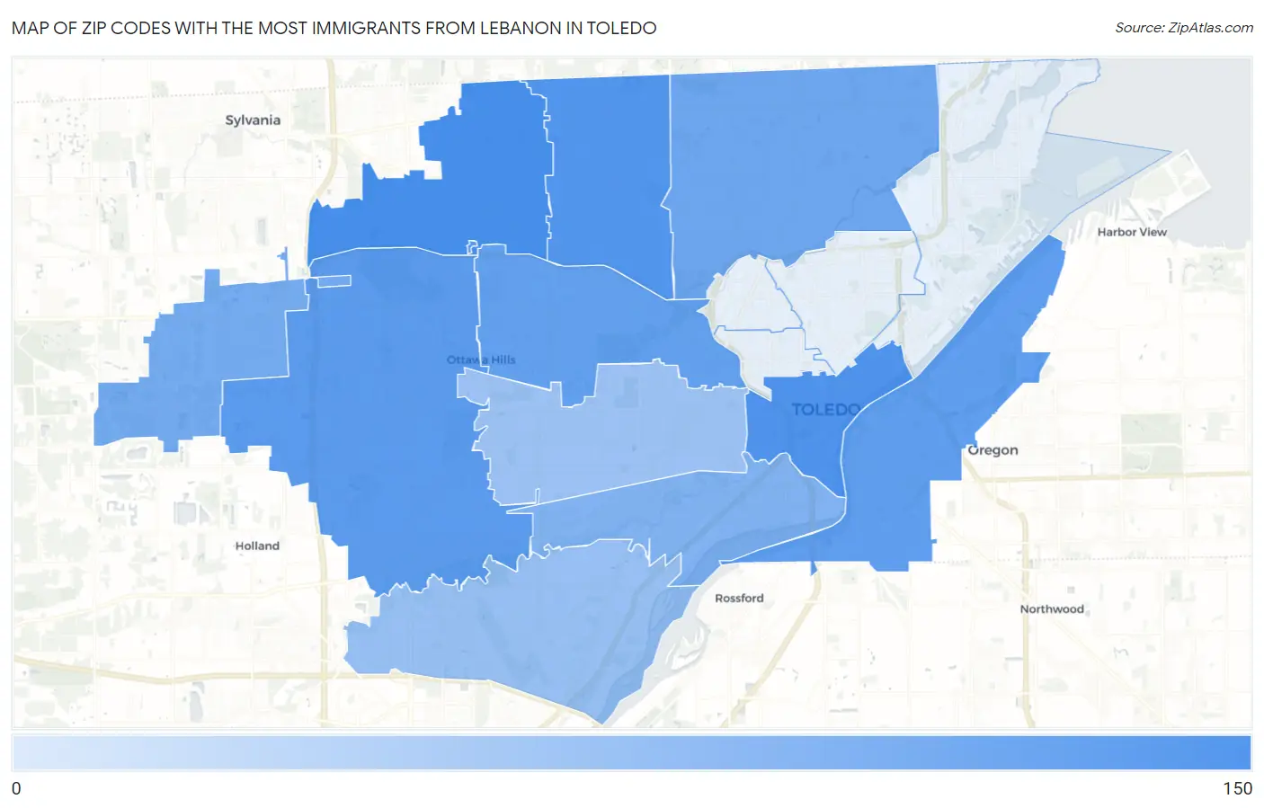 Zip Codes with the Most Immigrants from Lebanon in Toledo Map