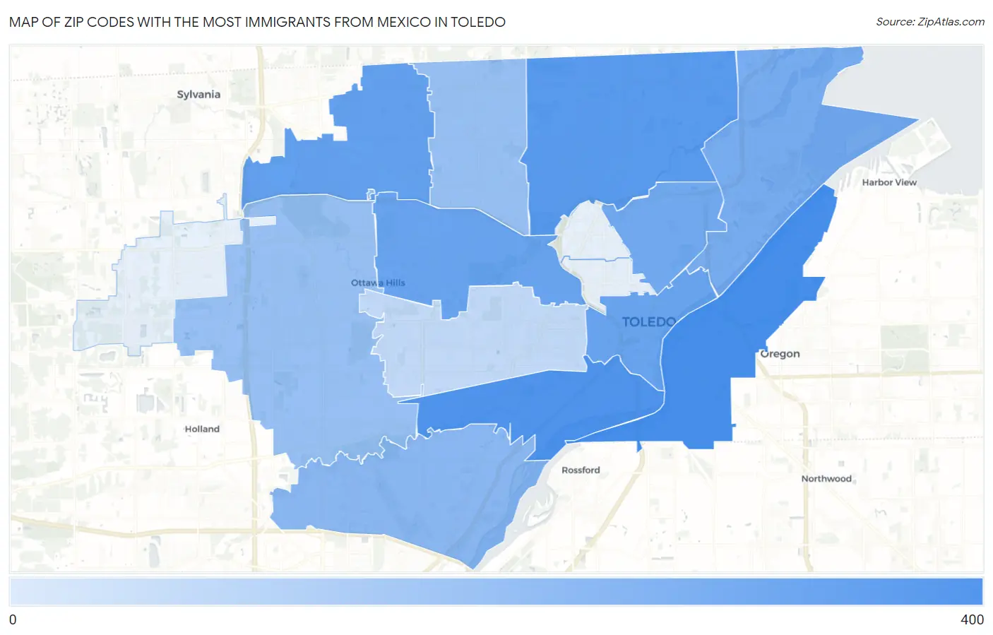 Zip Codes with the Most Immigrants from Mexico in Toledo Map
