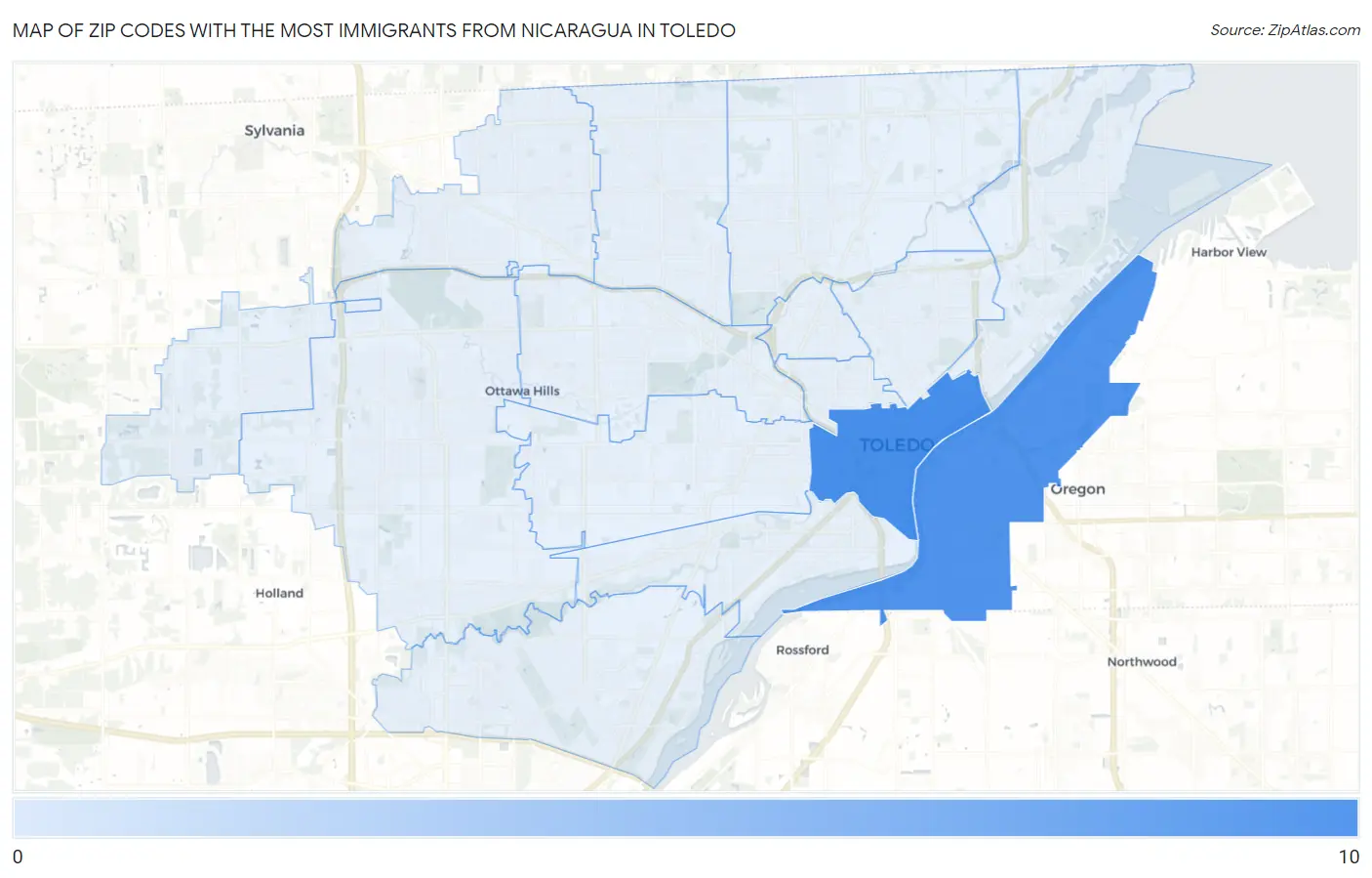 Zip Codes with the Most Immigrants from Nicaragua in Toledo Map