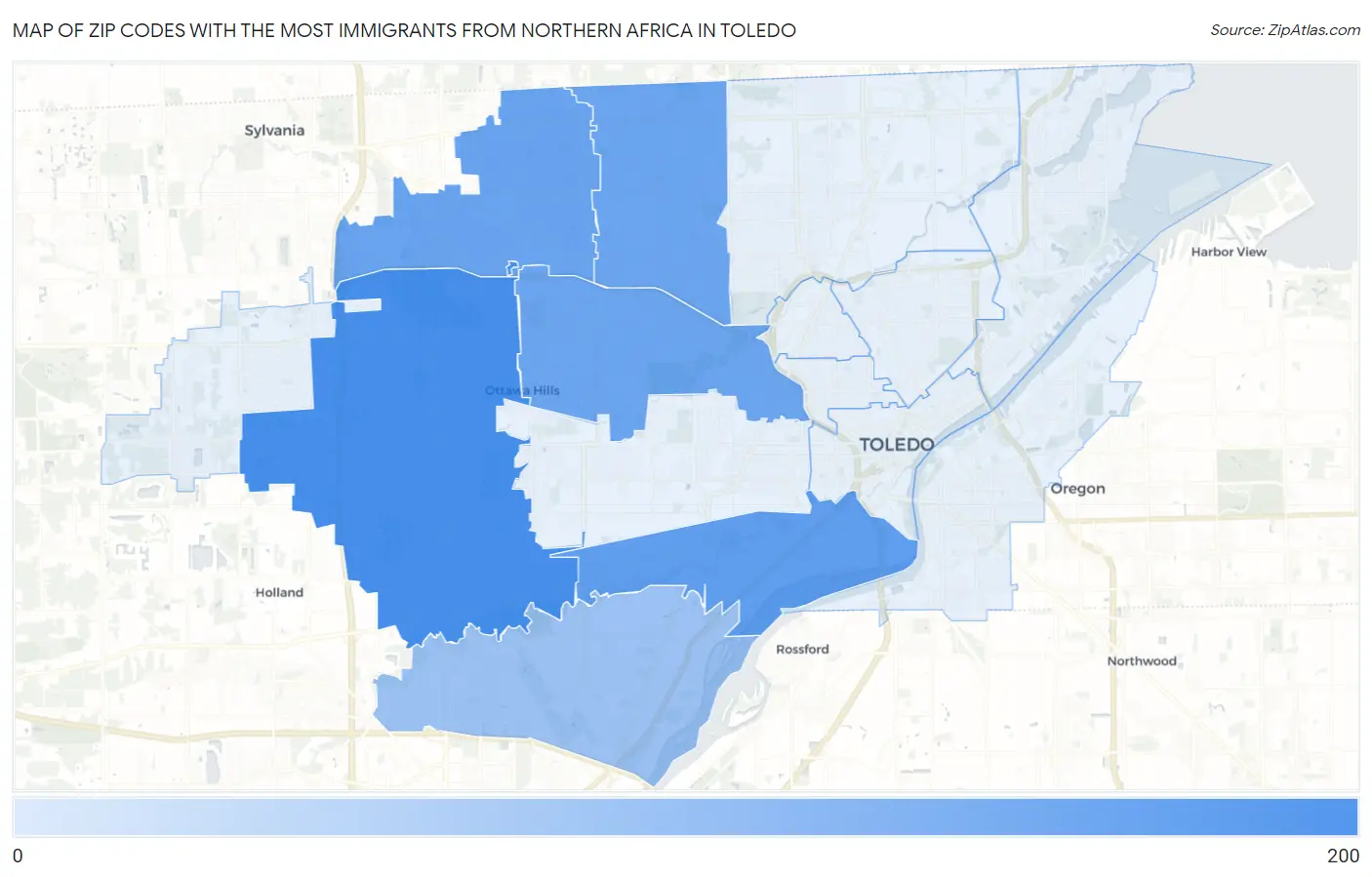 Zip Codes with the Most Immigrants from Northern Africa in Toledo Map