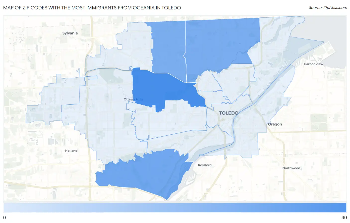Zip Codes with the Most Immigrants from Oceania in Toledo Map