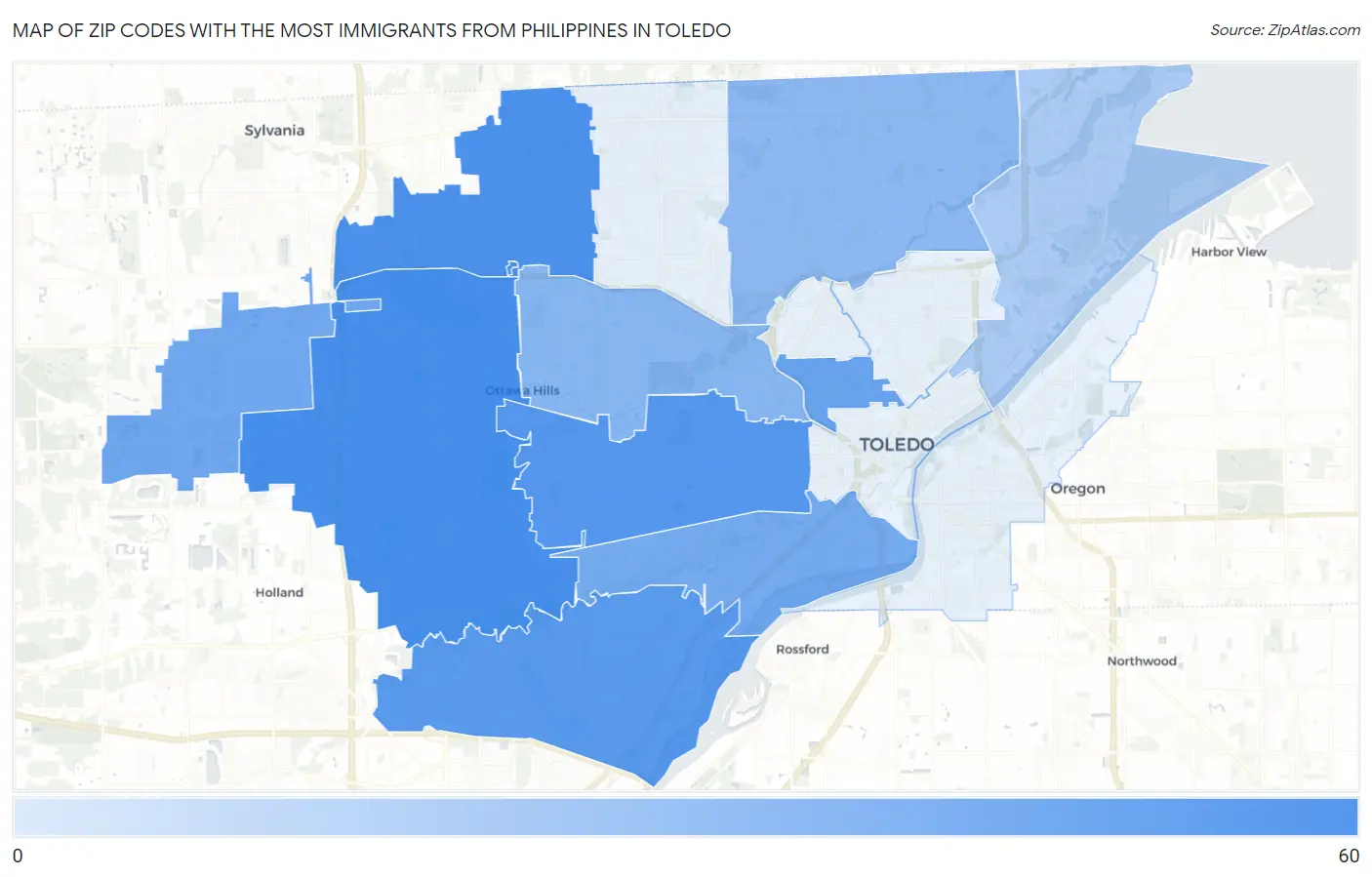 Zip Codes with the Most Immigrants from Philippines in Toledo Map