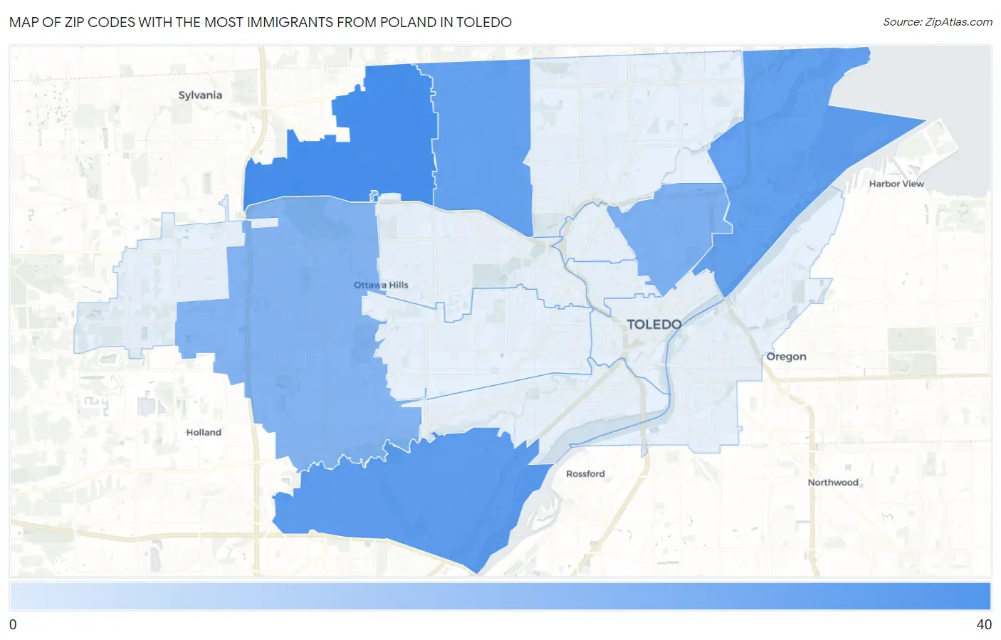 Zip Codes with the Most Immigrants from Poland in Toledo Map