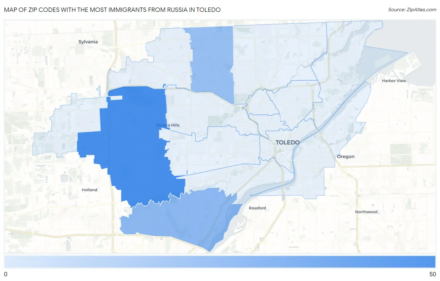 Zip Codes with the Most Immigrants from Russia in Toledo Map