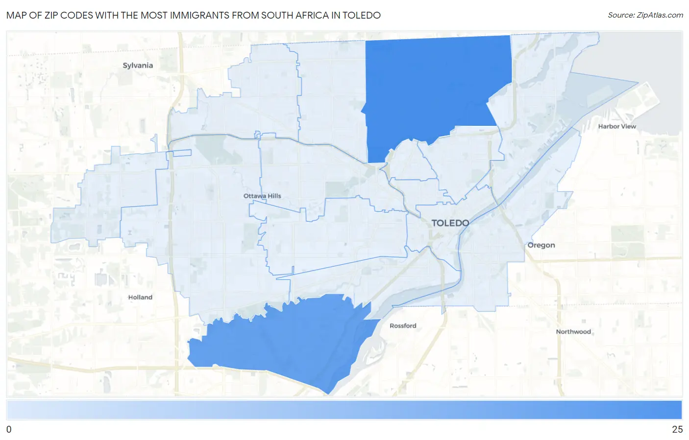 Zip Codes with the Most Immigrants from South Africa in Toledo Map