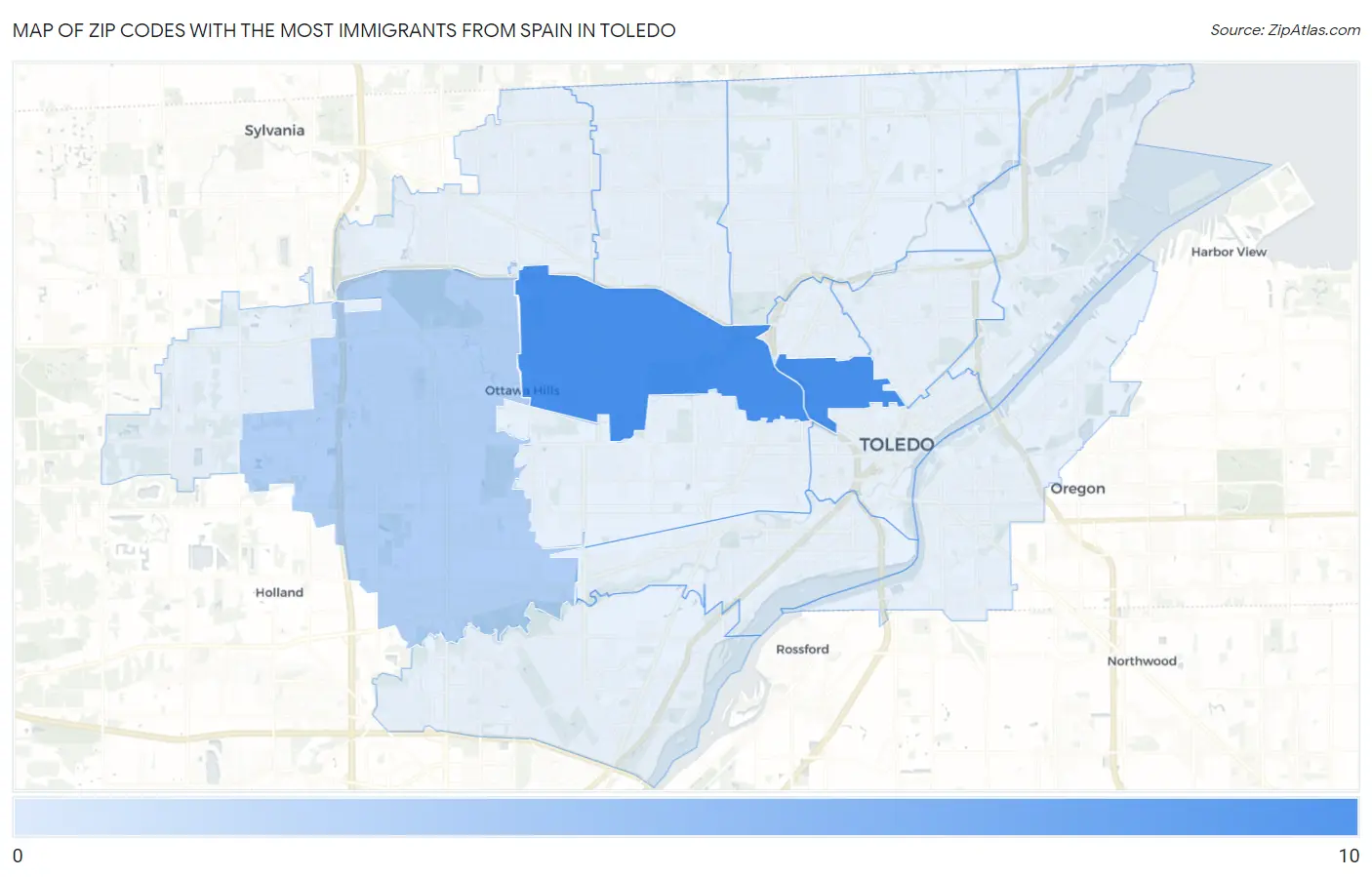 Zip Codes with the Most Immigrants from Spain in Toledo Map