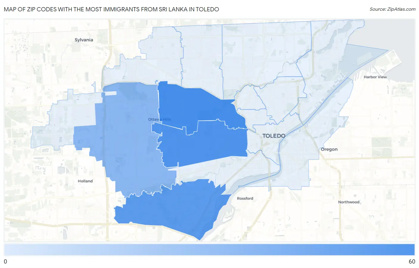 Zip Codes with the Most Immigrants from Sri Lanka in Toledo Map