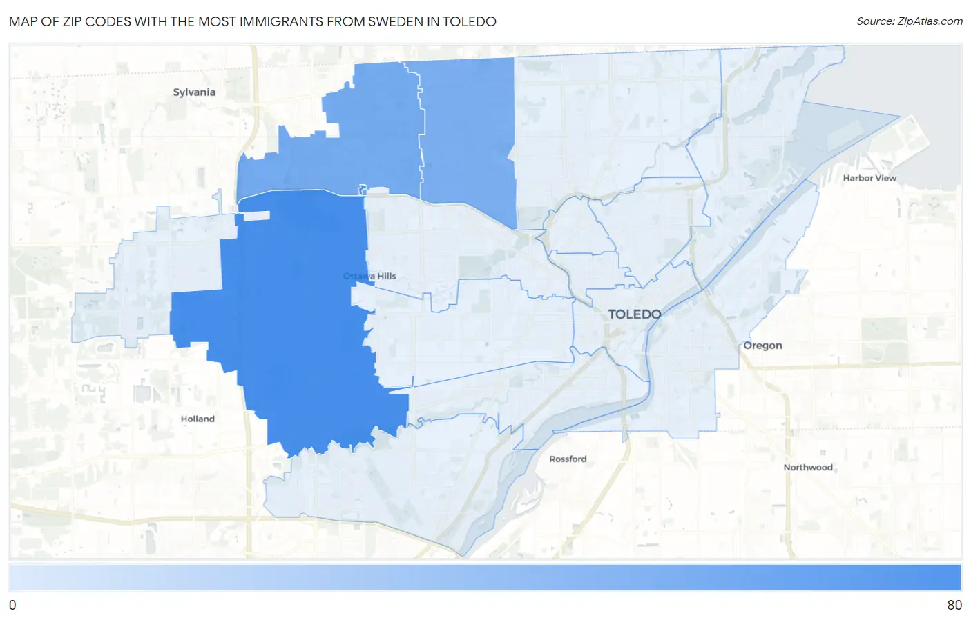 Zip Codes with the Most Immigrants from Sweden in Toledo Map