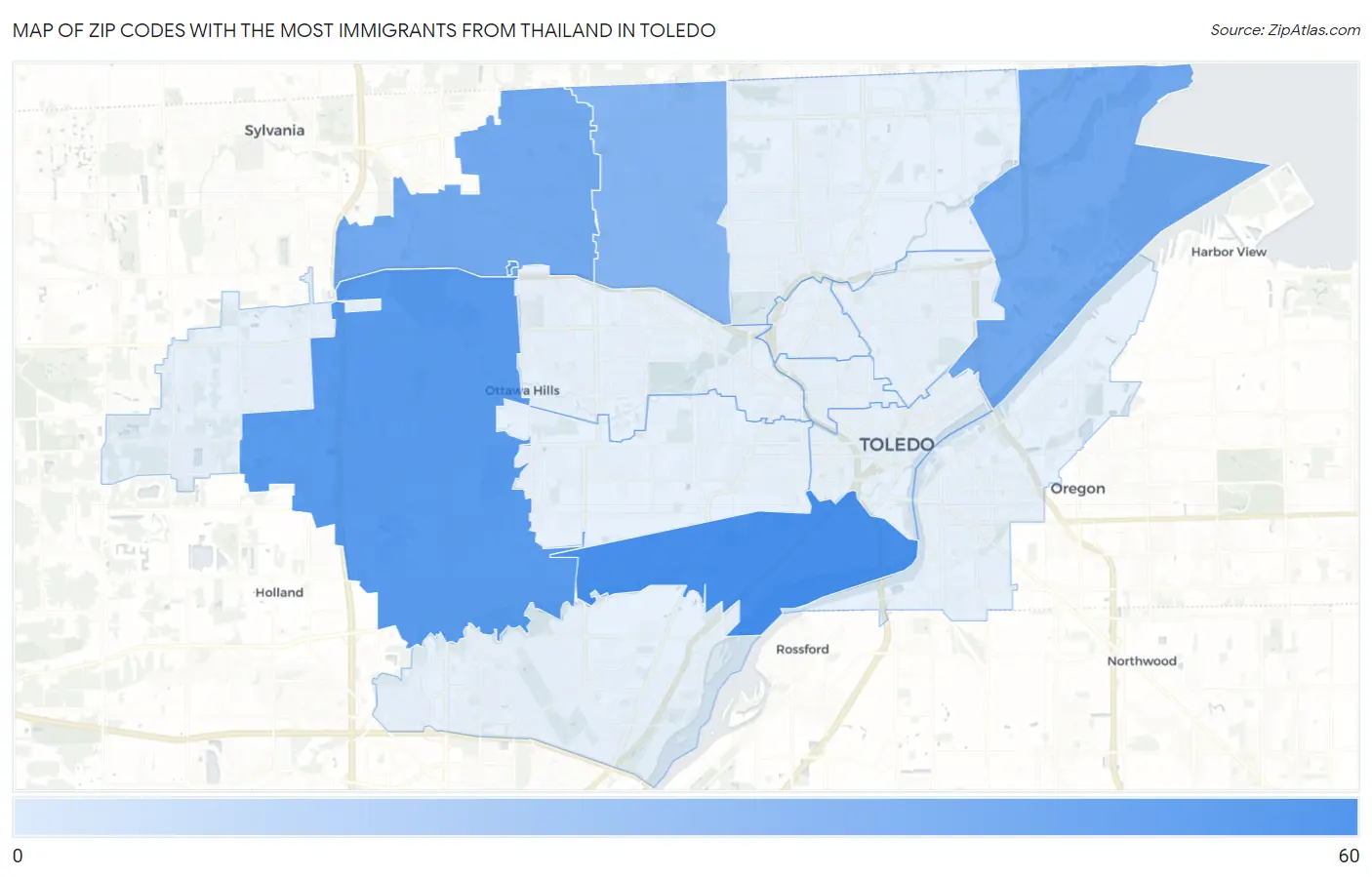 Zip Codes with the Most Immigrants from Thailand in Toledo Map