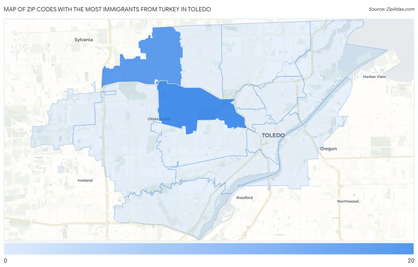 Zip Codes with the Most Immigrants from Turkey in Toledo Map
