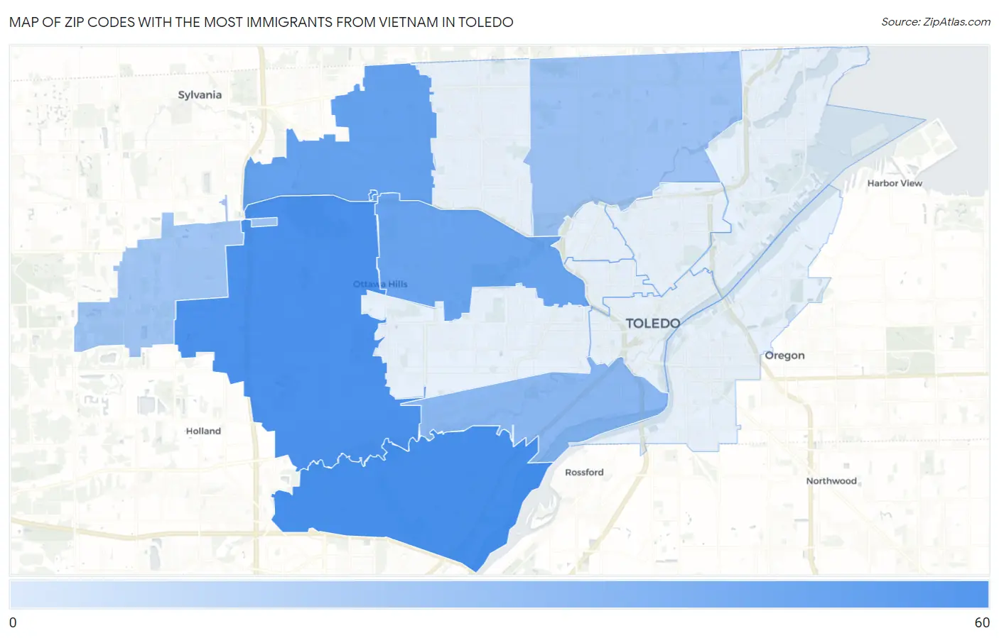 Zip Codes with the Most Immigrants from Vietnam in Toledo Map