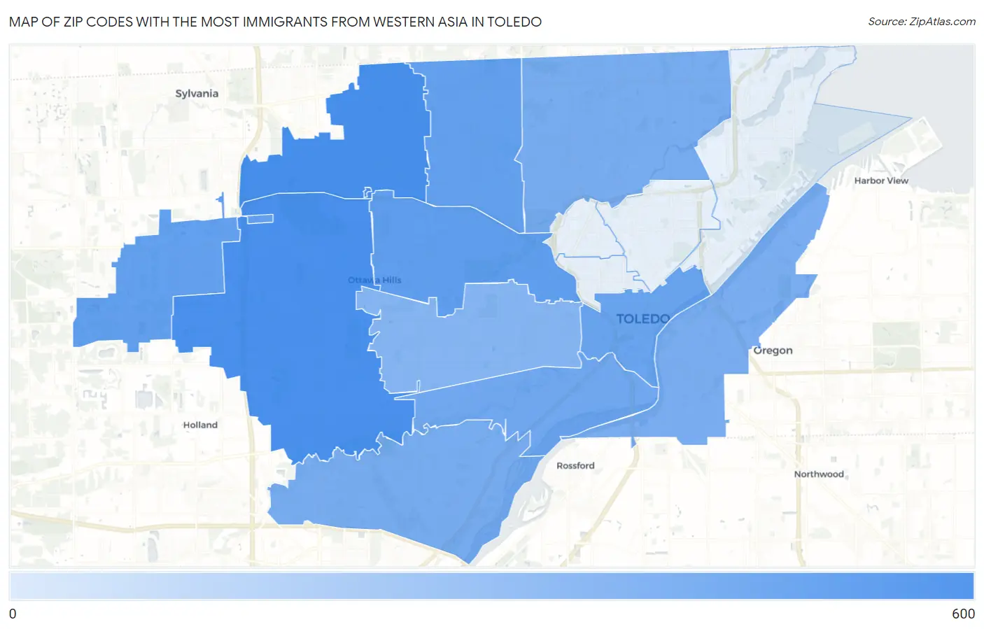 Zip Codes with the Most Immigrants from Western Asia in Toledo Map