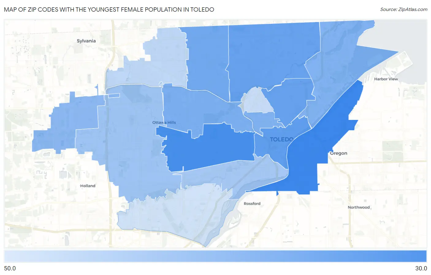 Zip Codes with the Youngest Female Population in Toledo Map