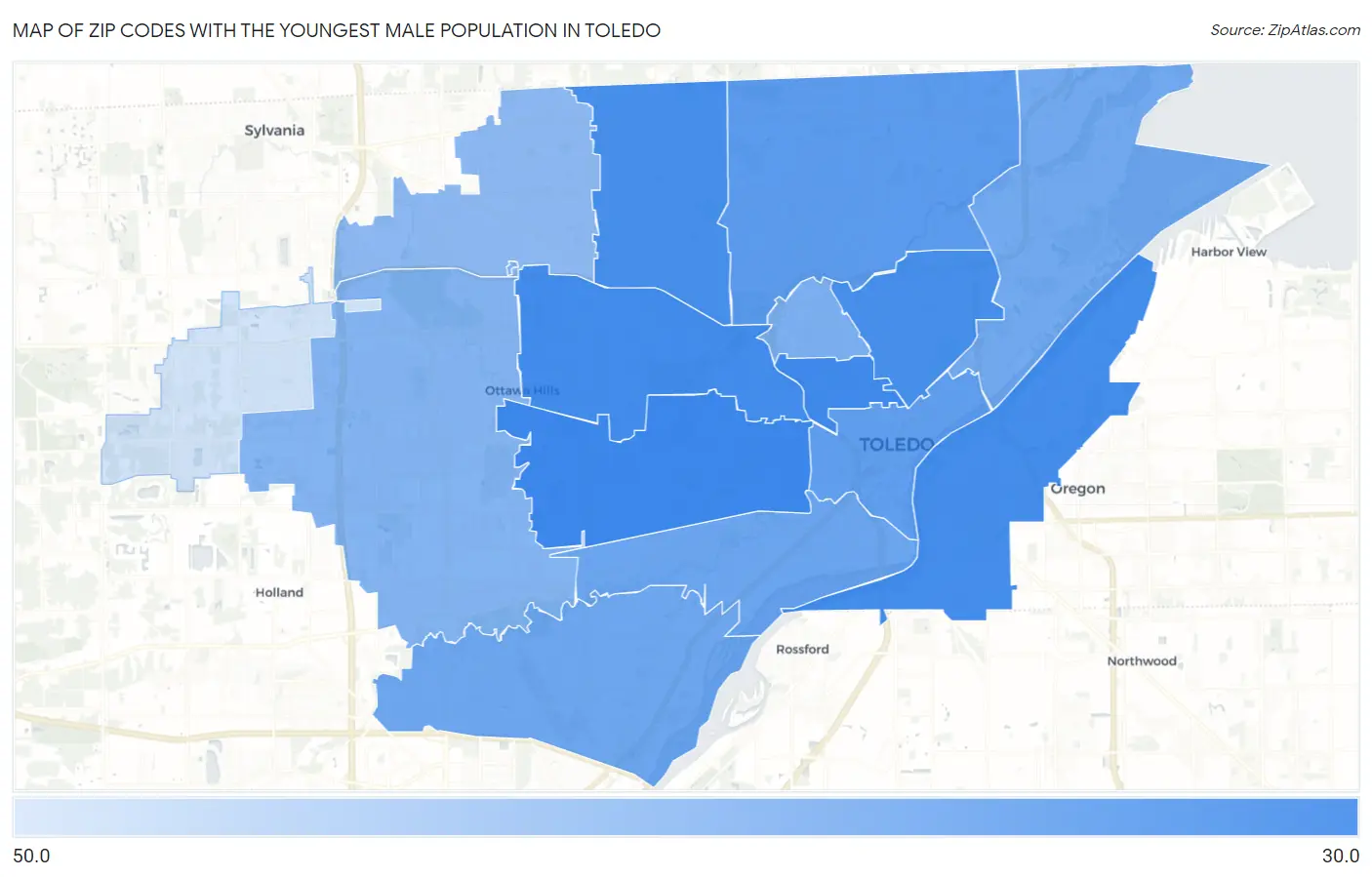 Zip Codes with the Youngest Male Population in Toledo Map