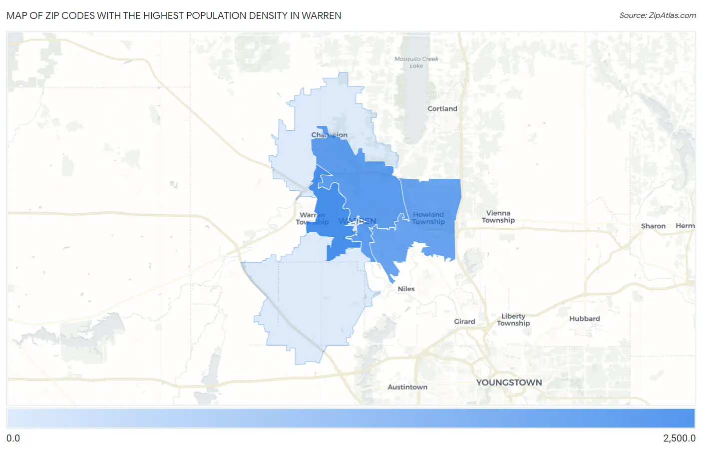 Zip Codes with the Highest Population Density in Warren Map
