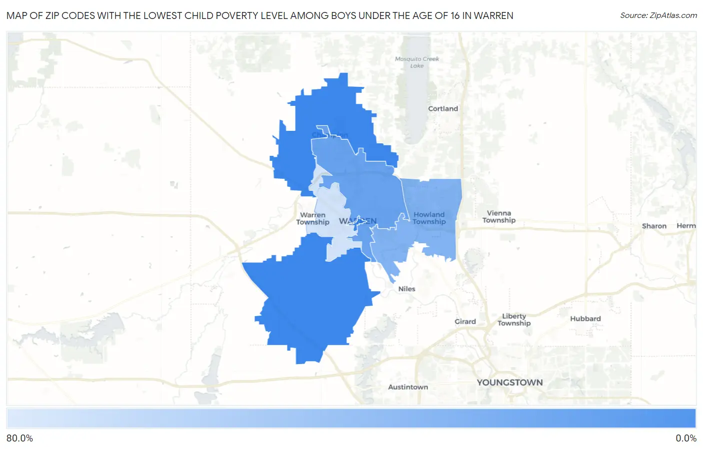 Zip Codes with the Lowest Child Poverty Level Among Boys Under the Age of 16 in Warren Map