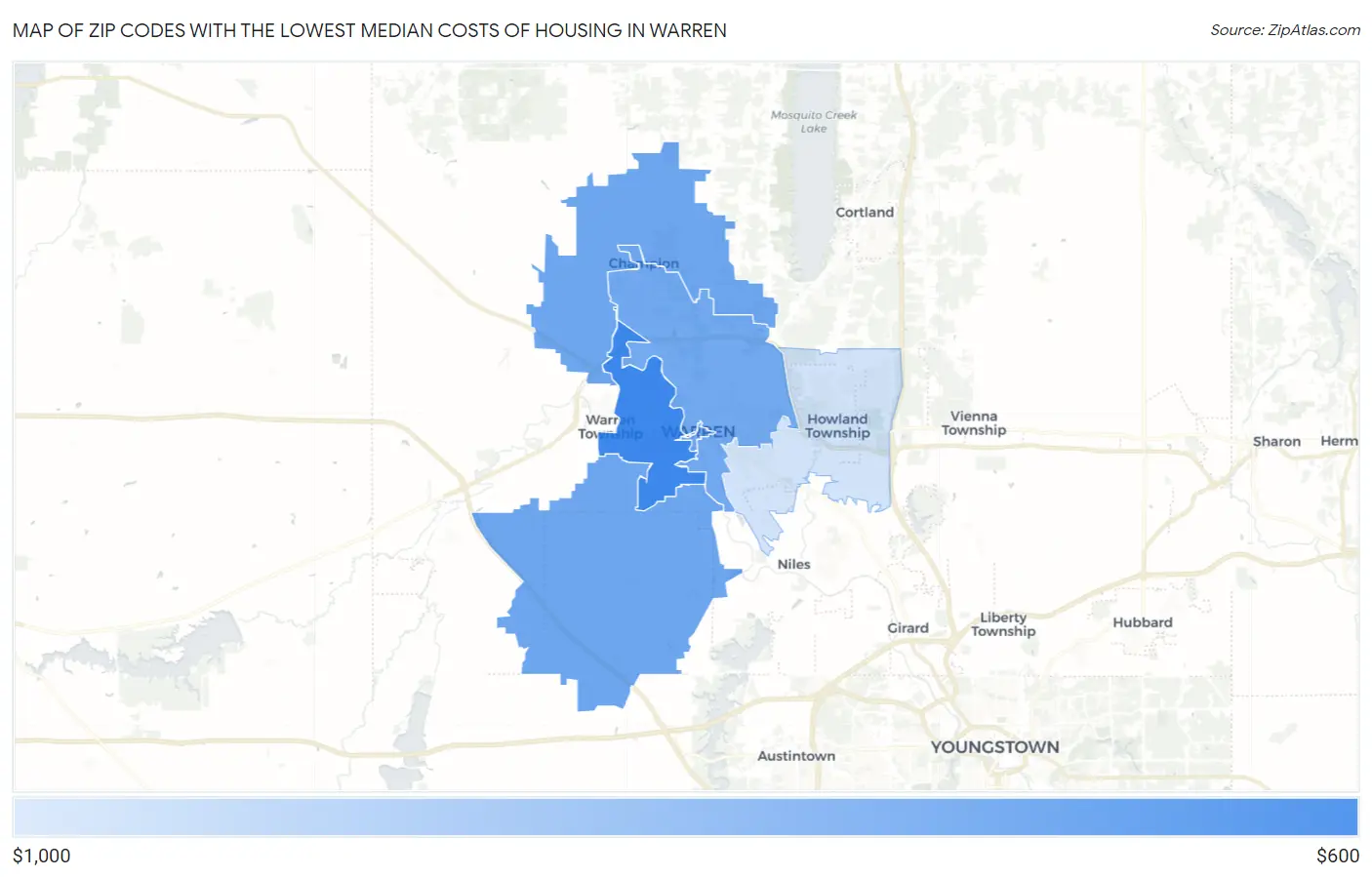 Zip Codes with the Lowest Median Costs of Housing in Warren Map