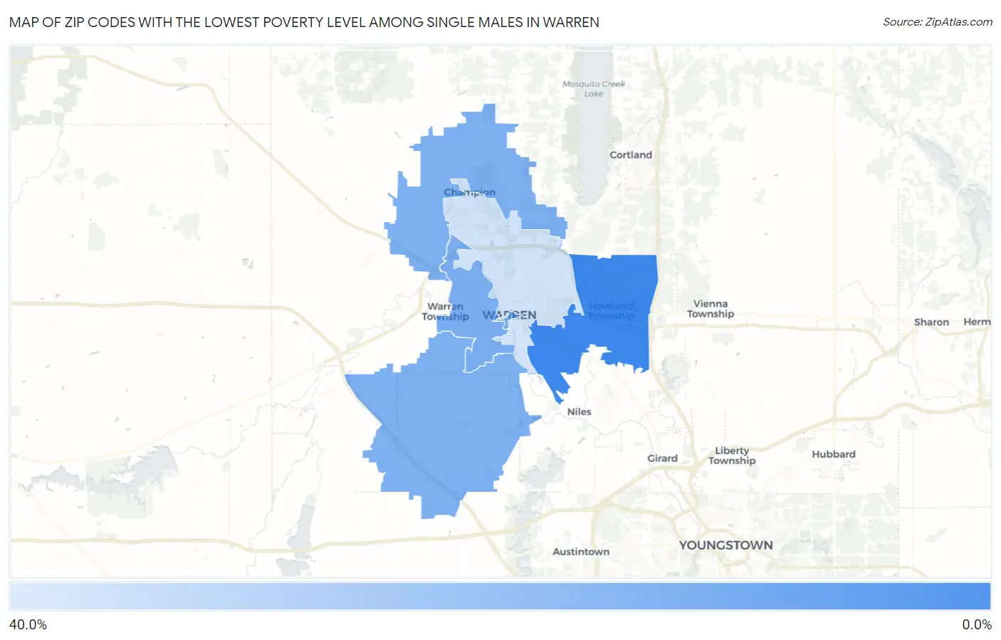 Zip Codes with the Lowest Poverty Level Among Single Males in Warren Map