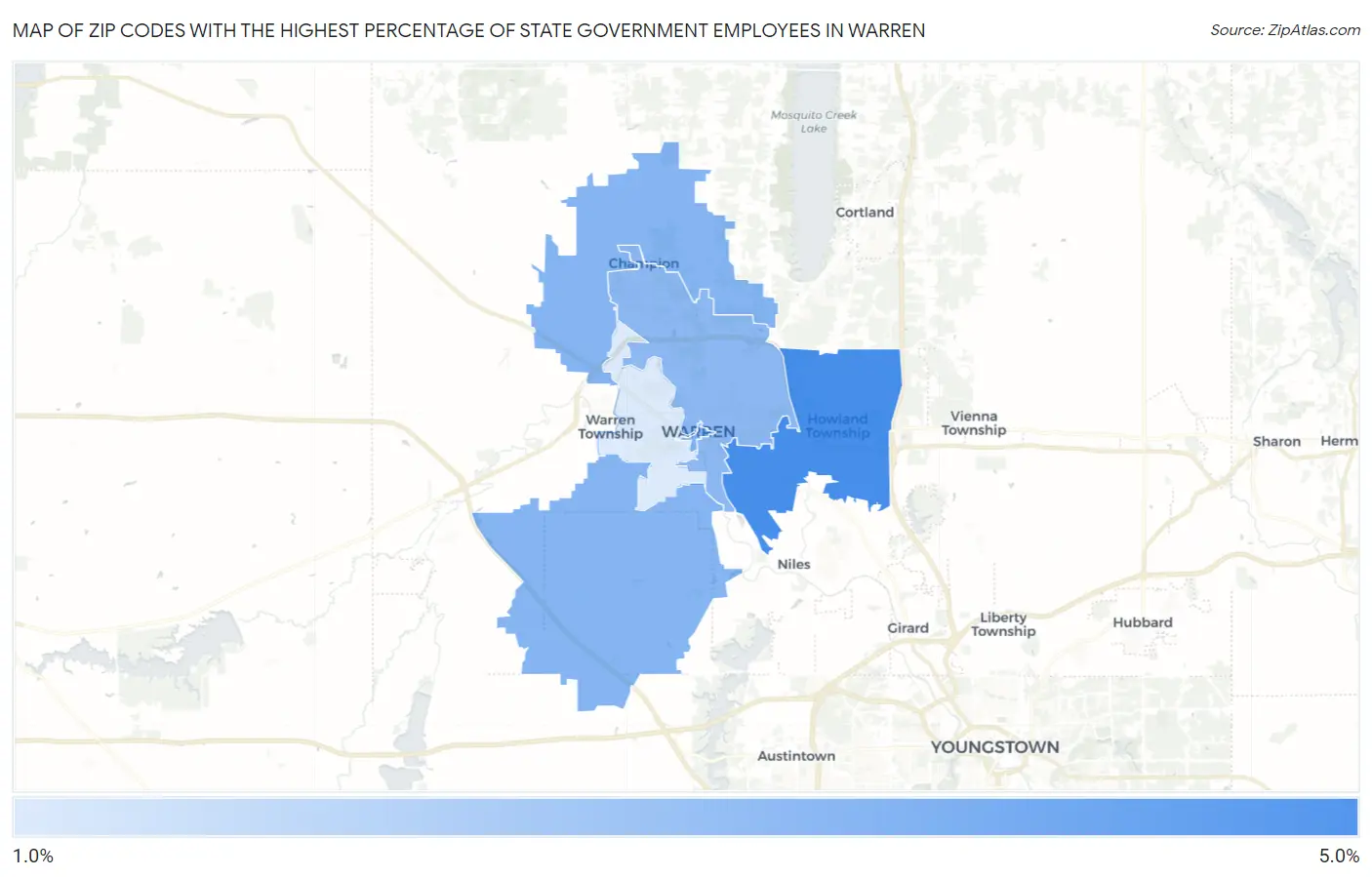 Zip Codes with the Highest Percentage of State Government Employees in Warren Map