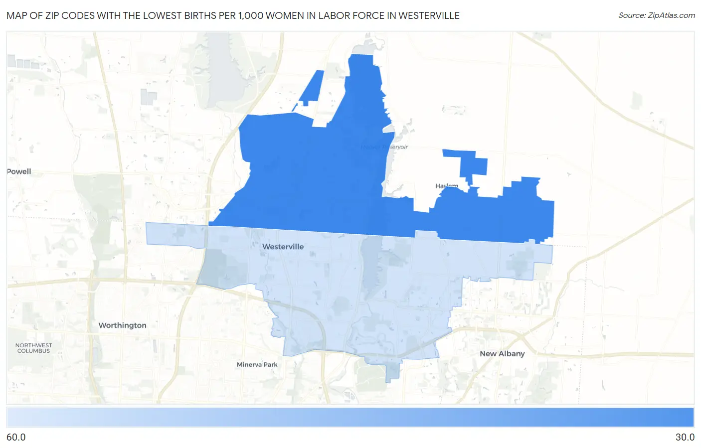 Zip Codes with the Lowest Births per 1,000 Women in Labor Force in Westerville Map