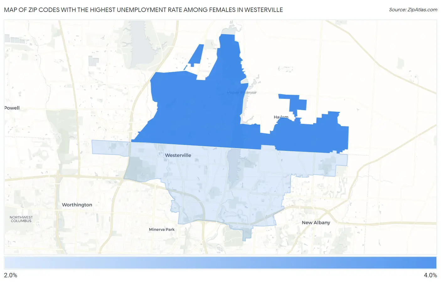 Zip Codes with the Highest Unemployment Rate Among Females in Westerville Map