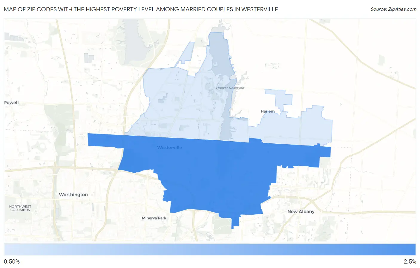 Zip Codes with the Highest Poverty Level Among Married Couples in Westerville Map