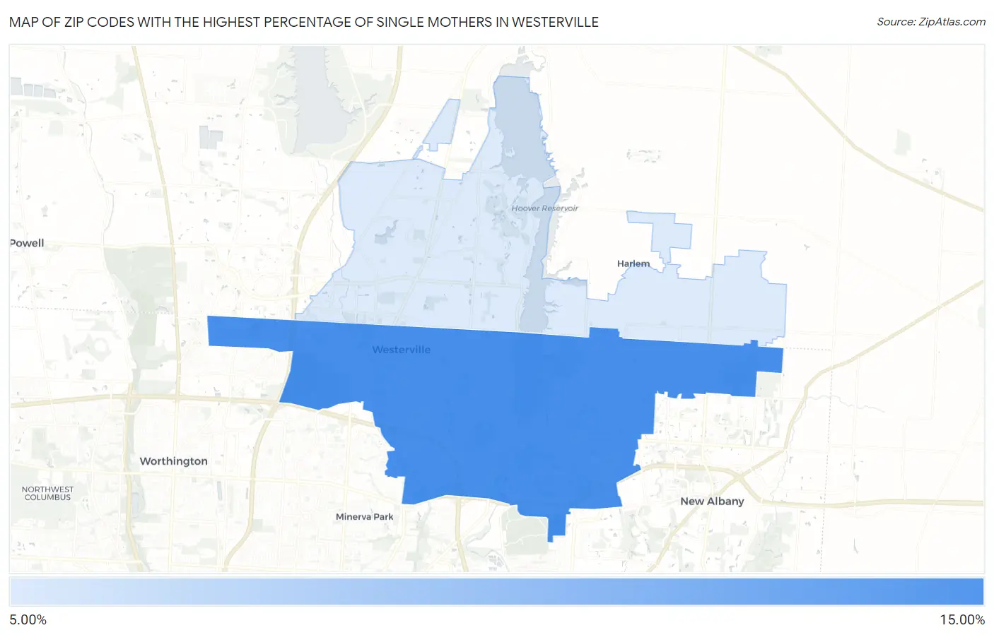 Zip Codes with the Highest Percentage of Single Mothers in Westerville Map