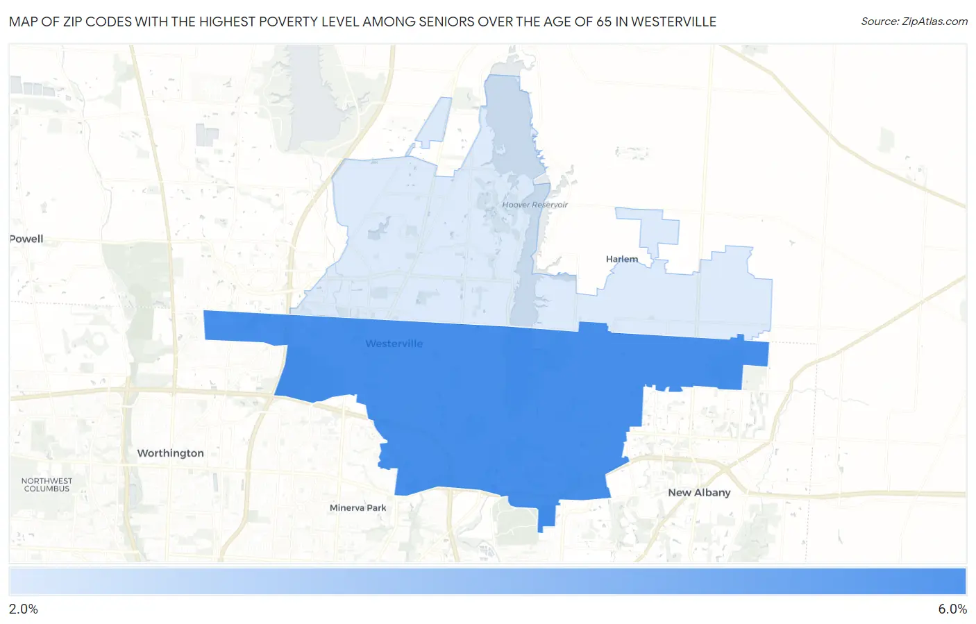 Zip Codes with the Highest Poverty Level Among Seniors Over the Age of 65 in Westerville Map