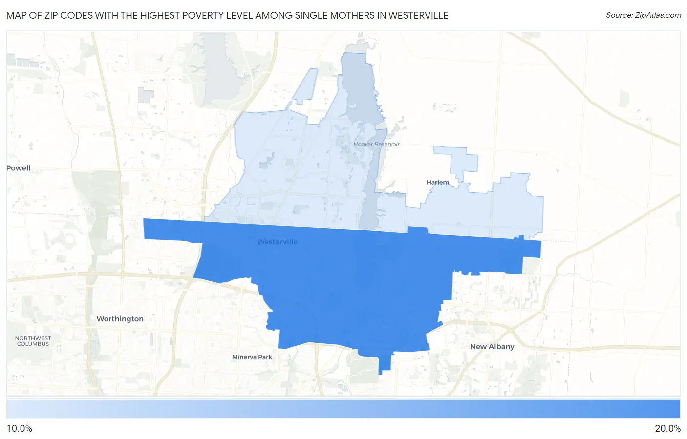 Zip Codes with the Highest Poverty Level Among Single Mothers in Westerville Map