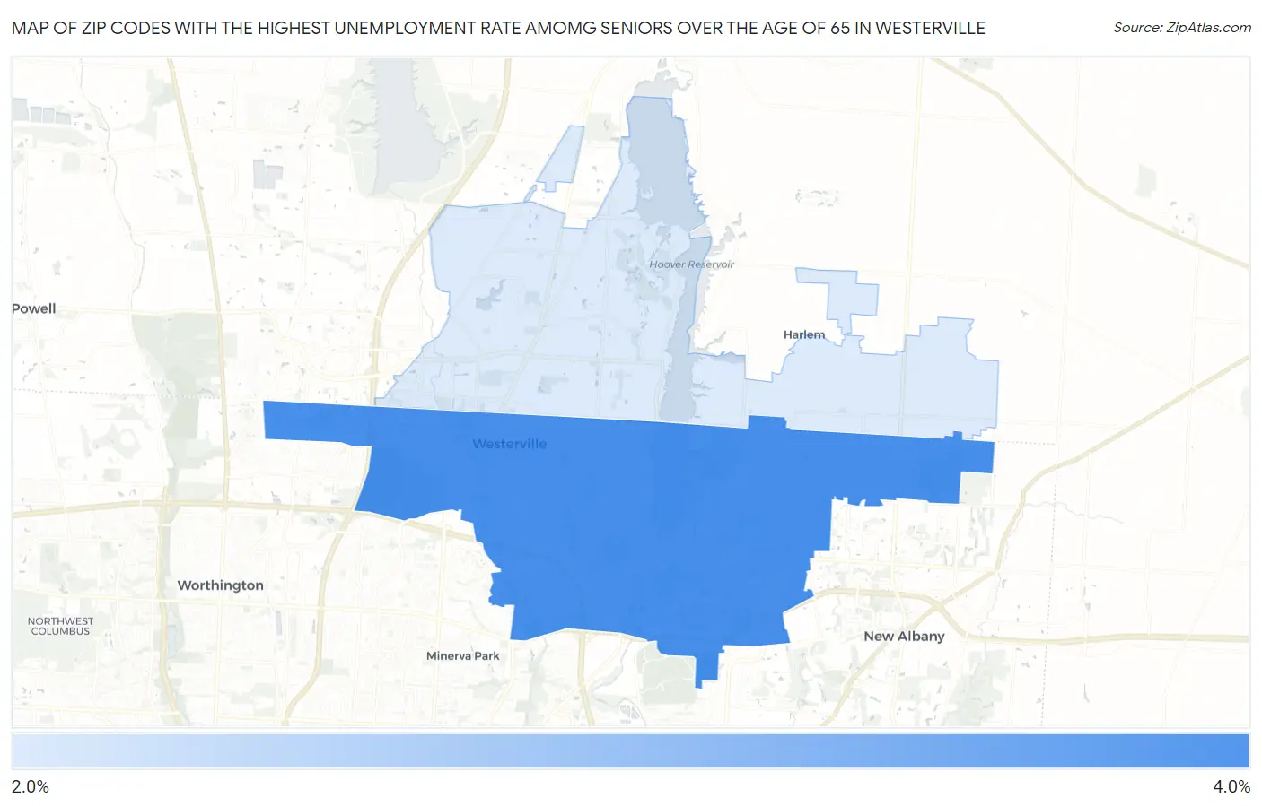 Zip Codes with the Highest Unemployment Rate Amomg Seniors Over the Age of 65 in Westerville Map