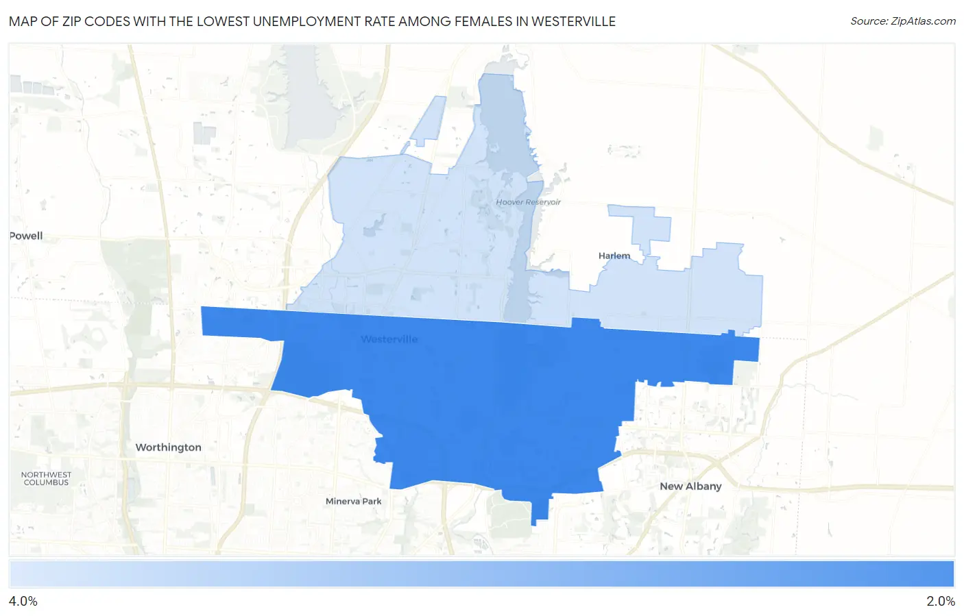 Zip Codes with the Lowest Unemployment Rate Among Females in Westerville Map