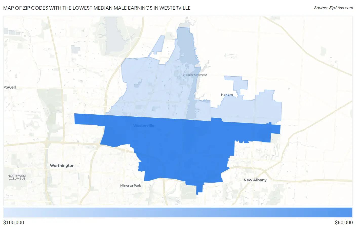 Zip Codes with the Lowest Median Male Earnings in Westerville Map