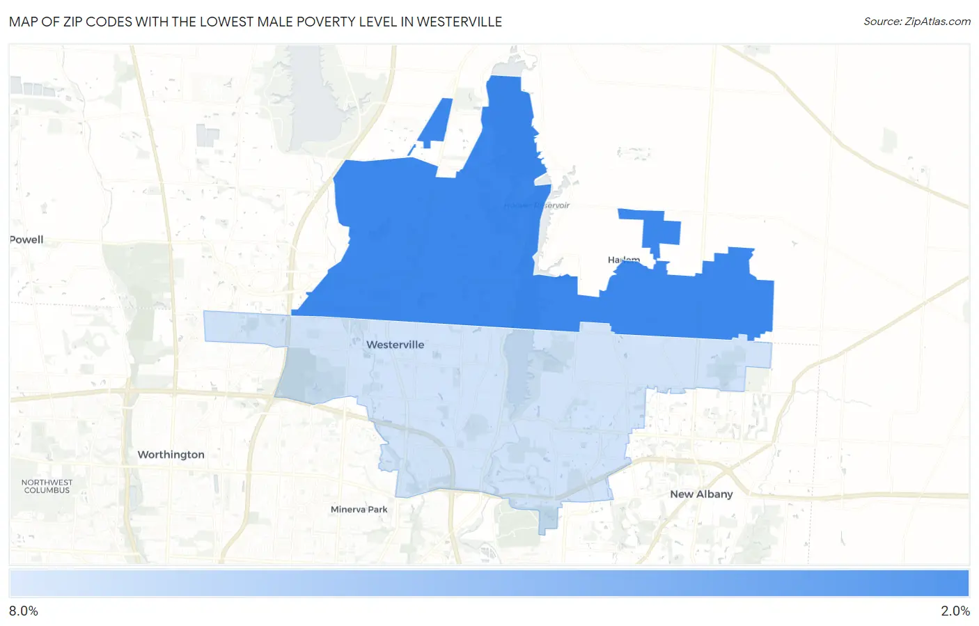 Zip Codes with the Lowest Male Poverty Level in Westerville Map