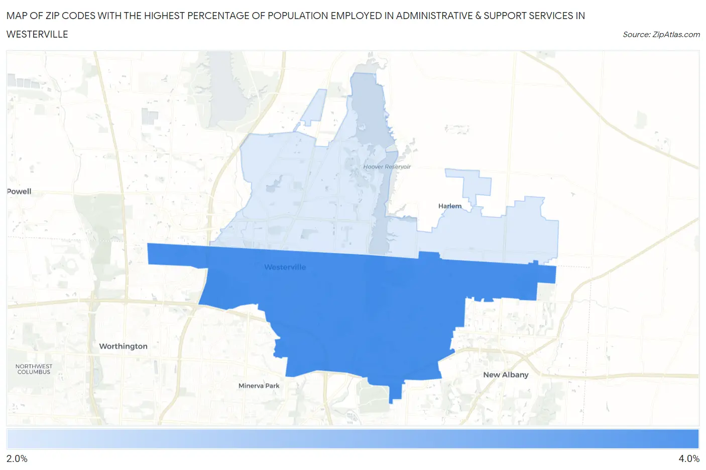 Zip Codes with the Highest Percentage of Population Employed in Administrative & Support Services in Westerville Map