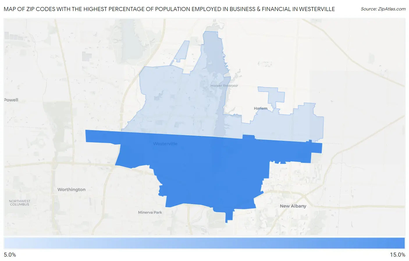 Zip Codes with the Highest Percentage of Population Employed in Business & Financial in Westerville Map