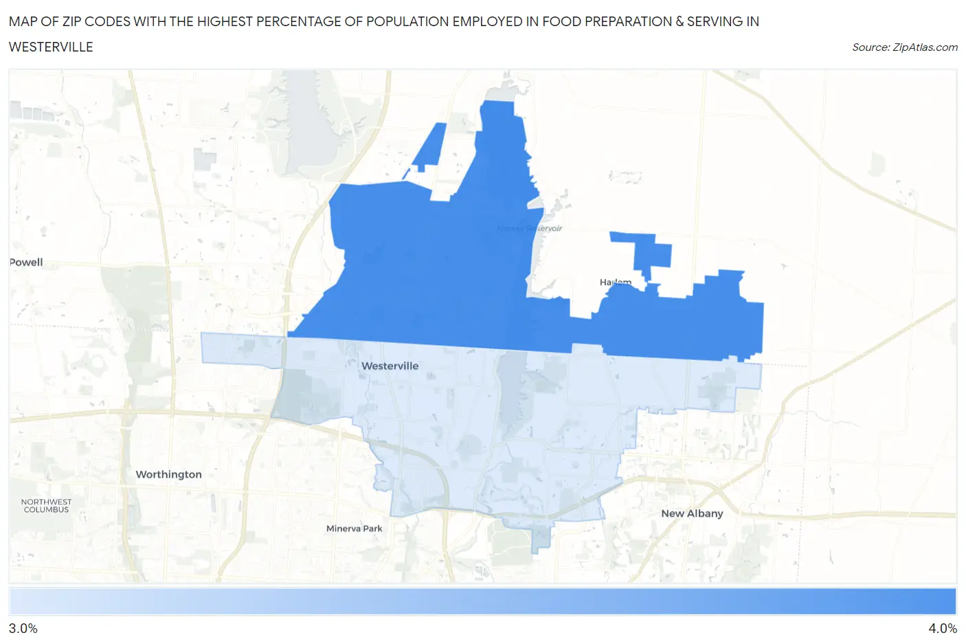 Zip Codes with the Highest Percentage of Population Employed in Food Preparation & Serving in Westerville Map