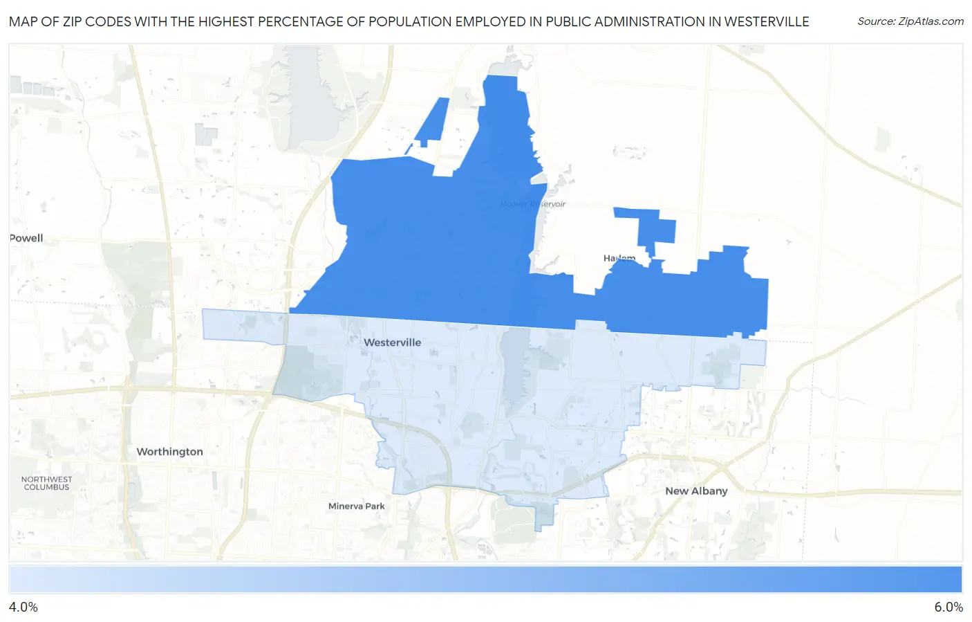 Zip Codes with the Highest Percentage of Population Employed in Public Administration in Westerville Map