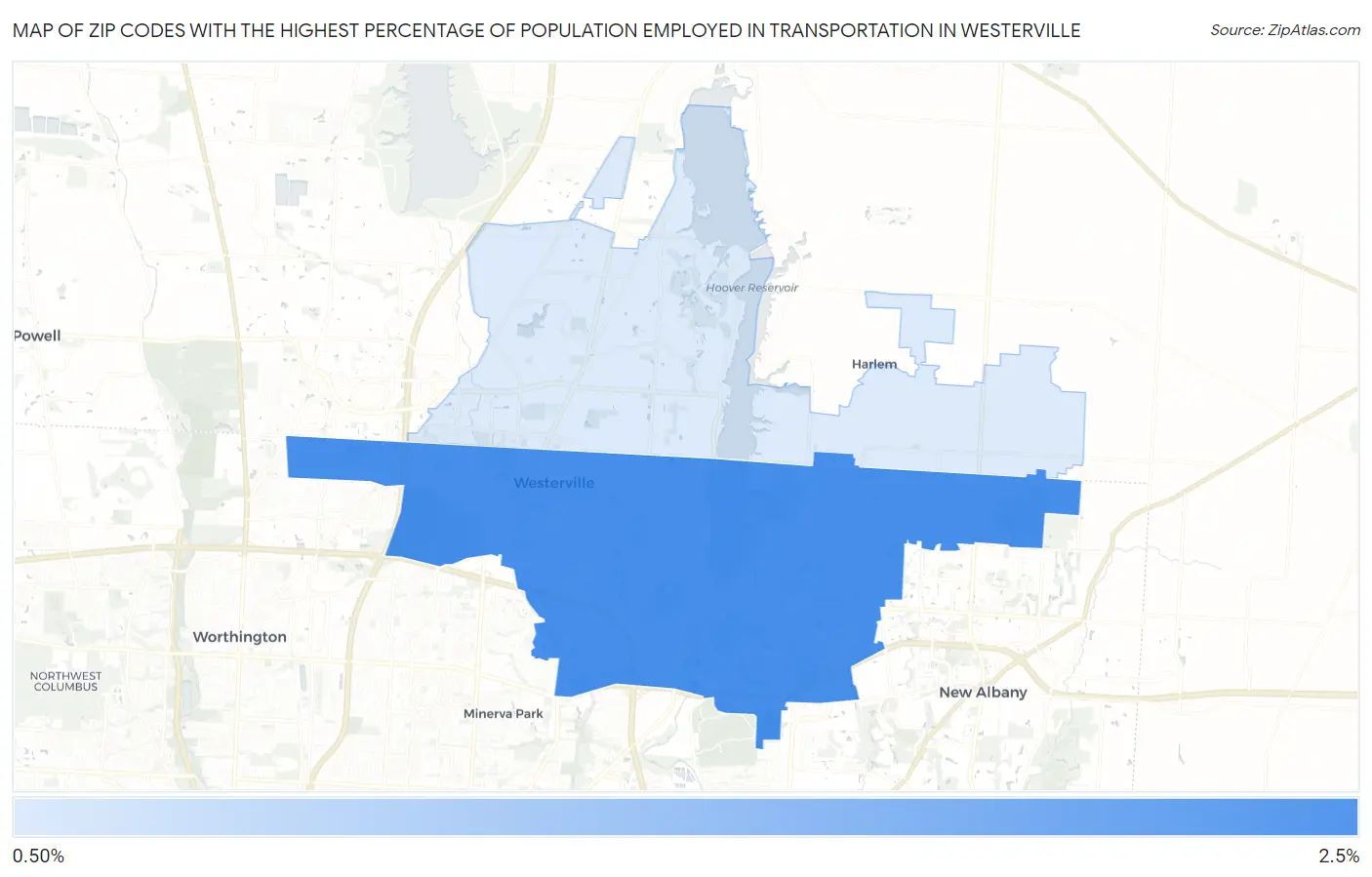 Zip Codes with the Highest Percentage of Population Employed in Transportation in Westerville Map