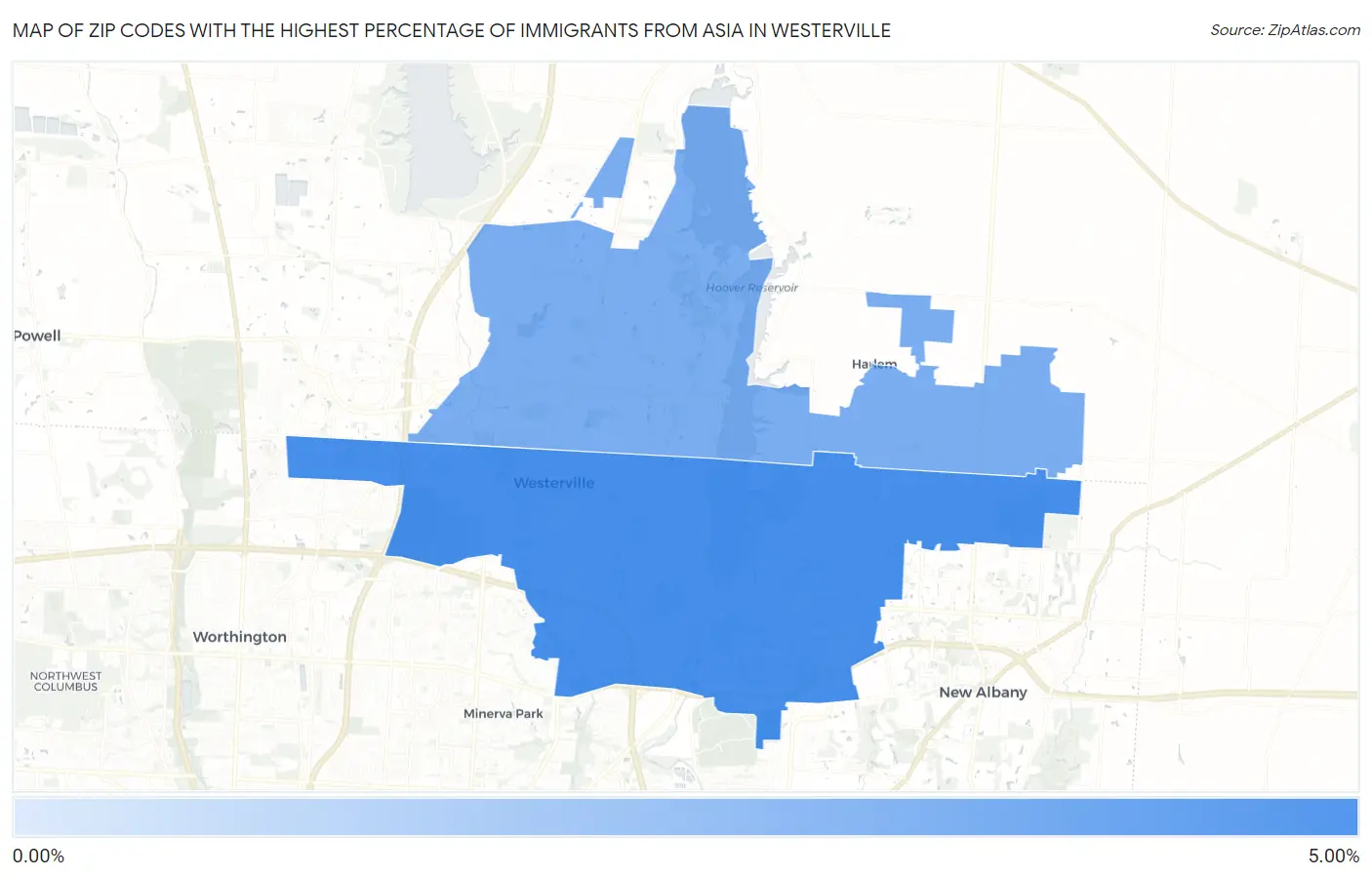 Zip Codes with the Highest Percentage of Immigrants from Asia in Westerville Map