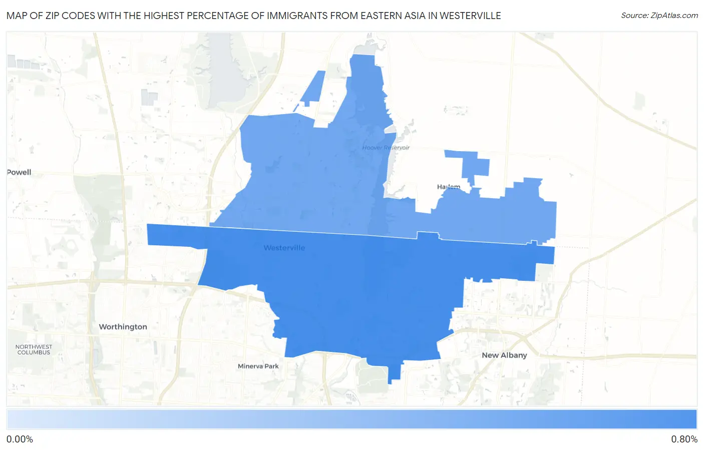 Zip Codes with the Highest Percentage of Immigrants from Eastern Asia in Westerville Map